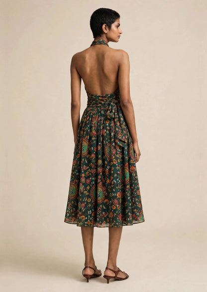 Green Floral Print Halter Neck Tie-Waist Midi Dress
