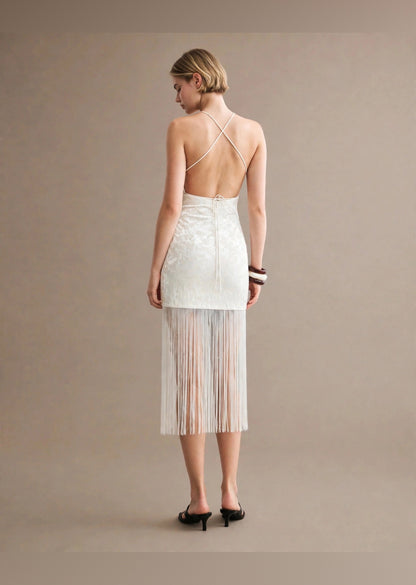 White Velvet Embossed Fringe Hem Halter Mini Dress