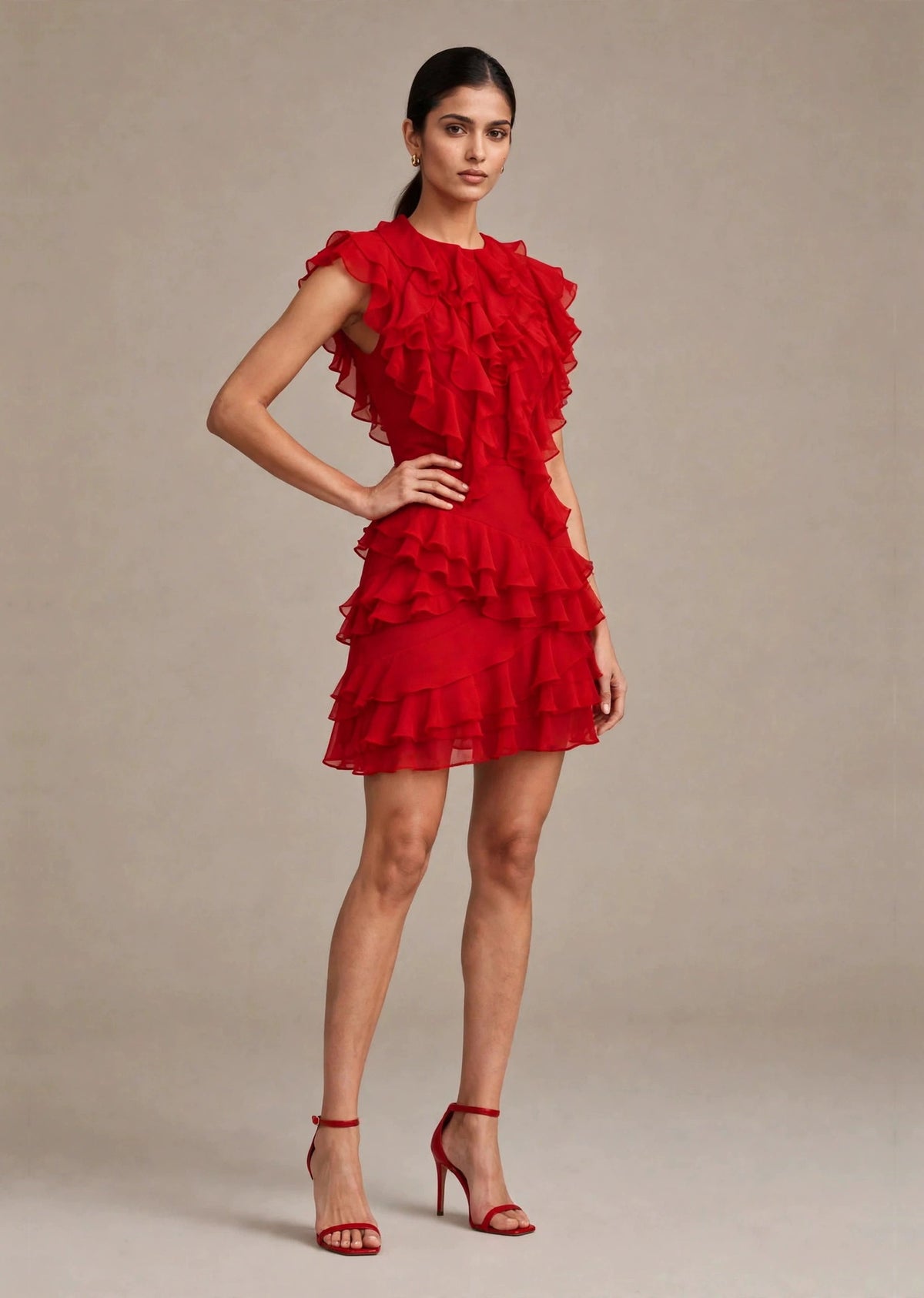 Scarlet Red Georgette Cascading Ruffle Tiered Mini Dress