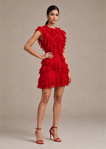 Scarlet Red Georgette Cascading Ruffle Tiered Mini Dress