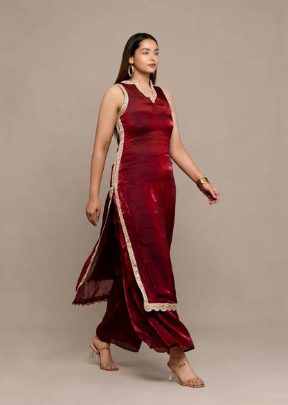 Wine Tissue Kurti Set