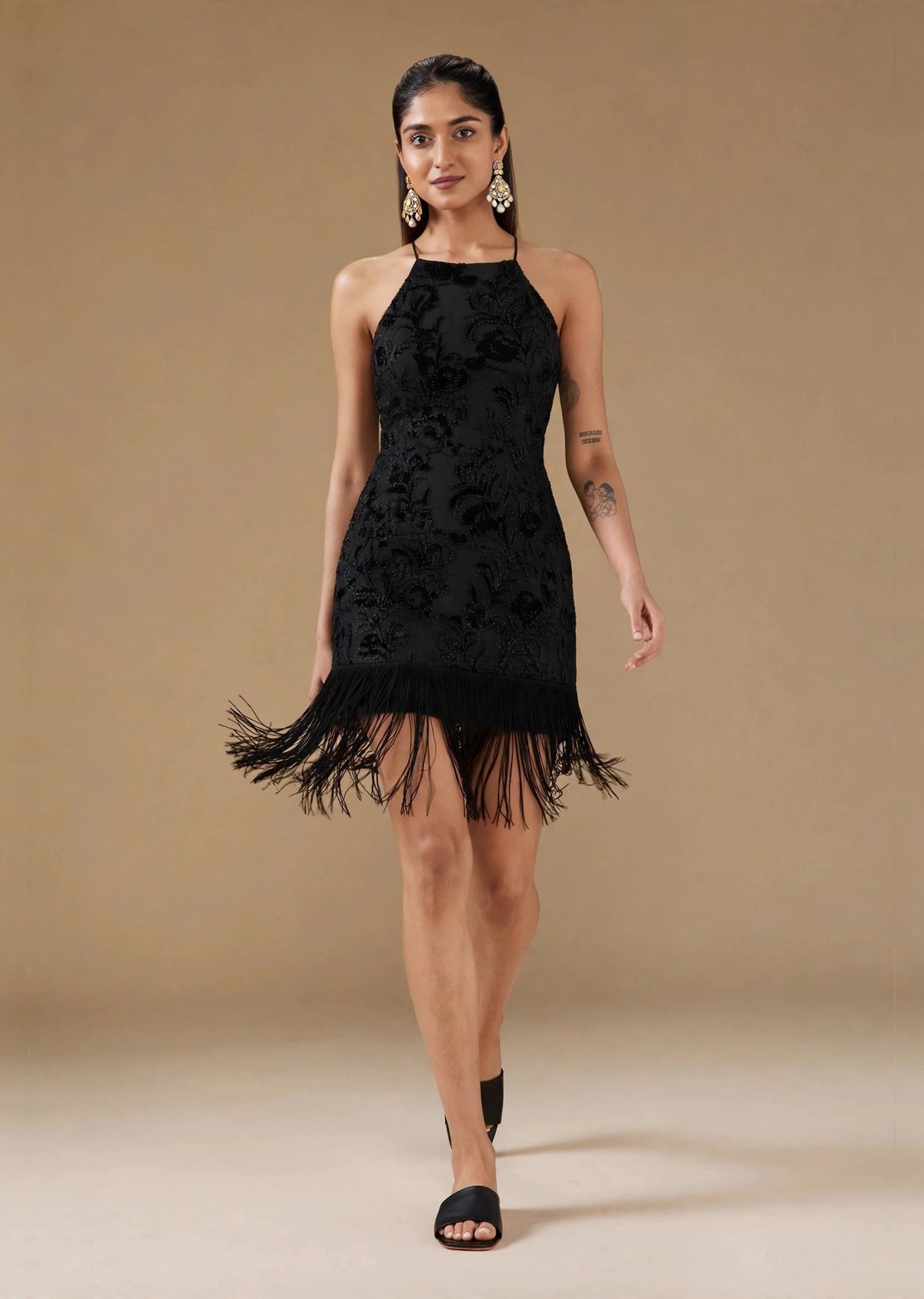 Black Velvet Embossed Fringe Hem Halter Mini Dress