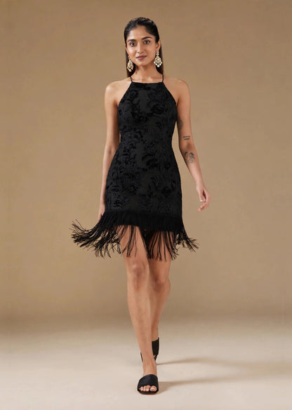 Black Velvet Embossed Fringe Hem Halter Mini Dress