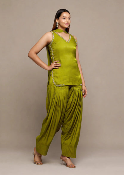 Olive Satin Kurti Set