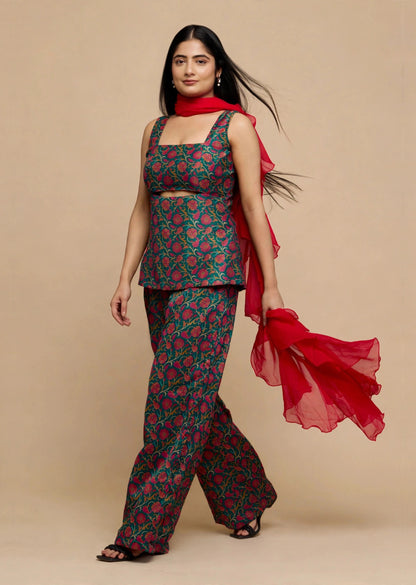 Emerald Brocade Peplum Set