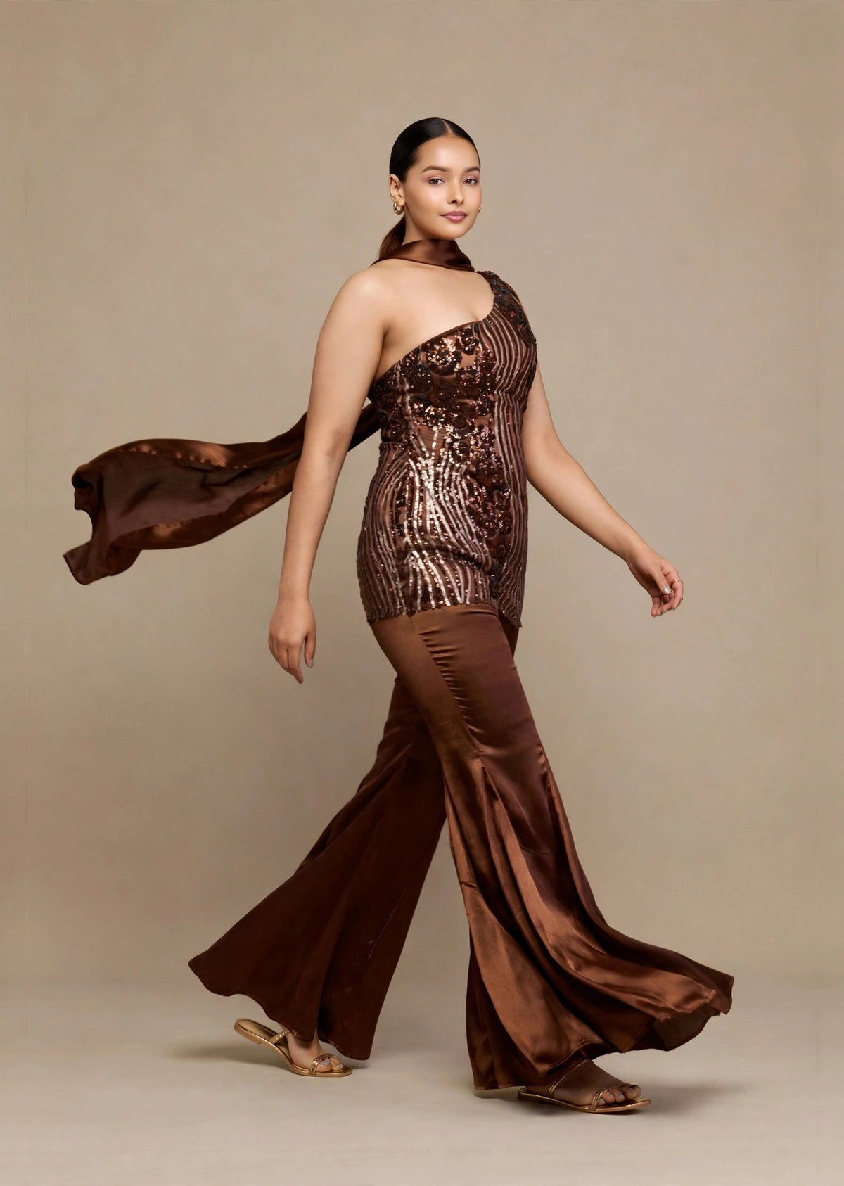 Brown Sequin One-Shoulder Set