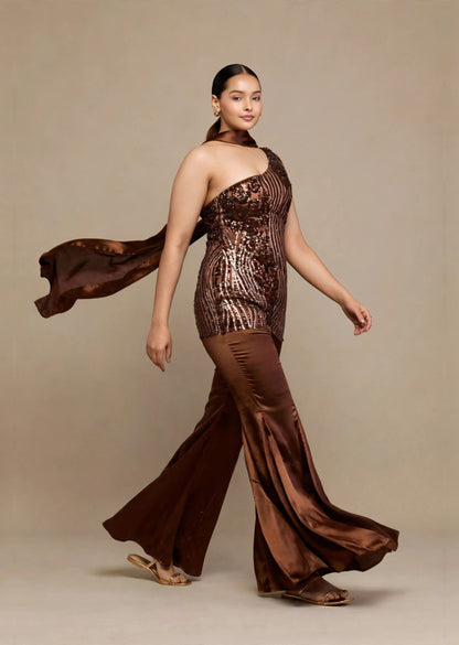 Brown Sequin One-Shoulder Set