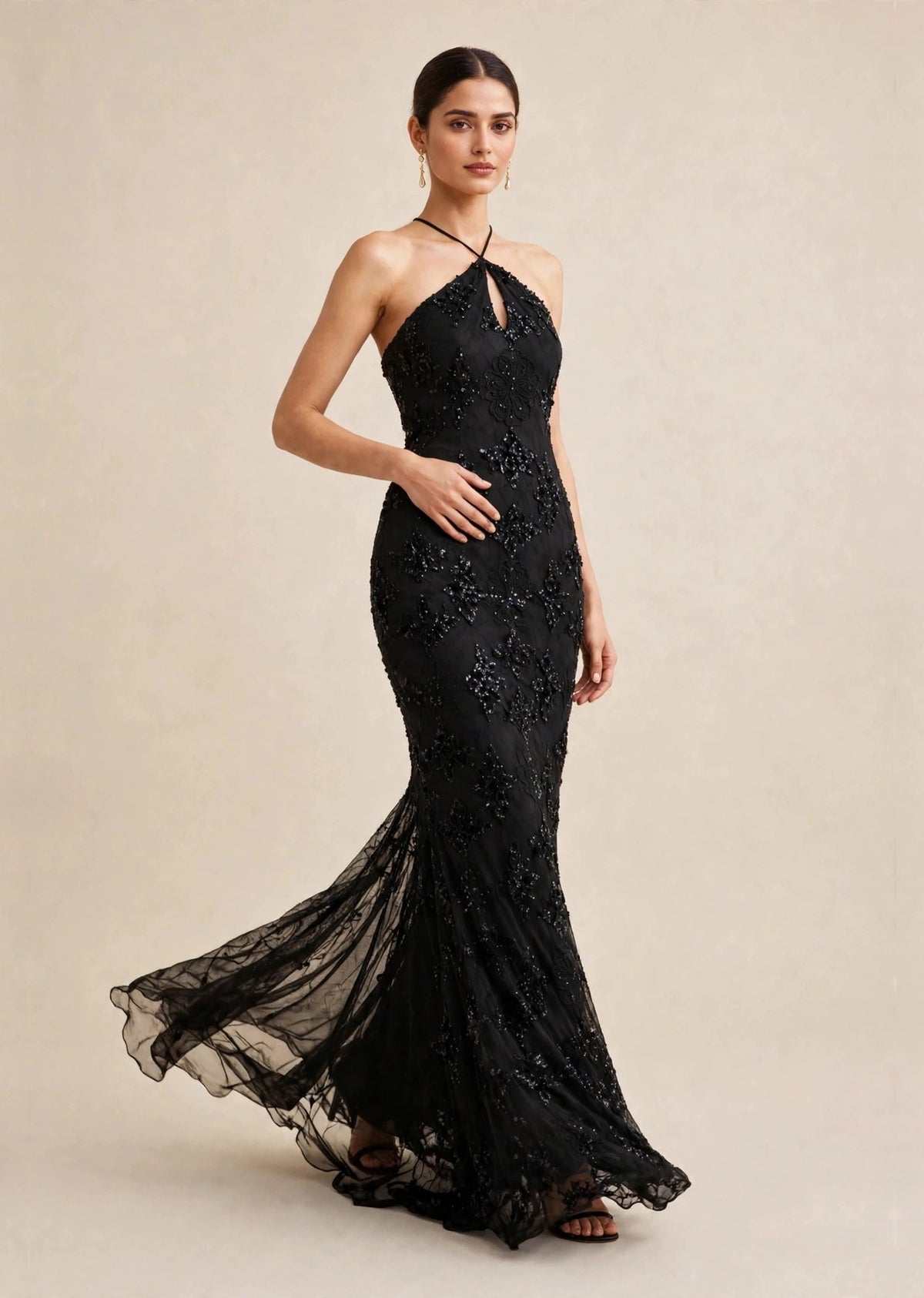 Black Embellished Halter Neck Keyhole Floor Length Gown