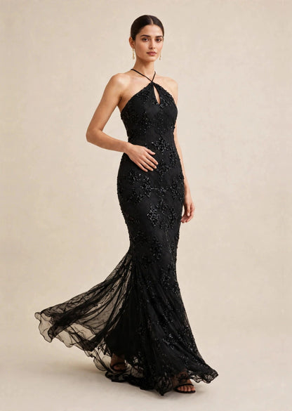 Black Embellished Halter Neck Keyhole Floor Length Gown