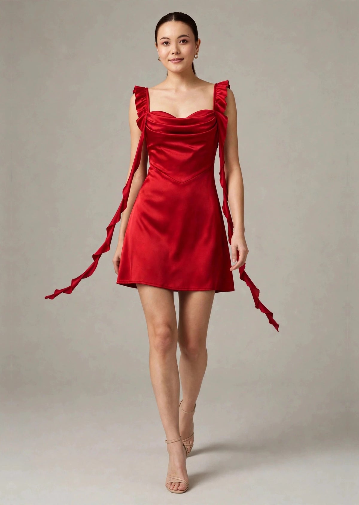 Cherry Red Satin Cowl Neck Ruffle A-Line Mini Dress