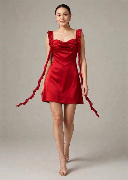 Cherry Red Satin Cowl Neck Ruffle A-Line Mini Dress