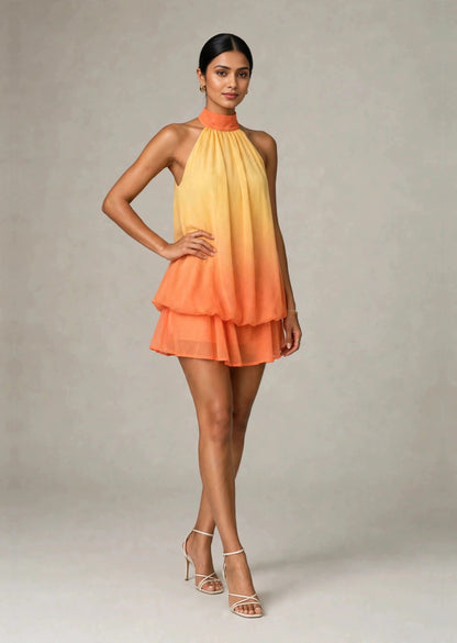 Butter Yellow & Sunset Orange Ombré Georgette Halter Neck Mini Dress