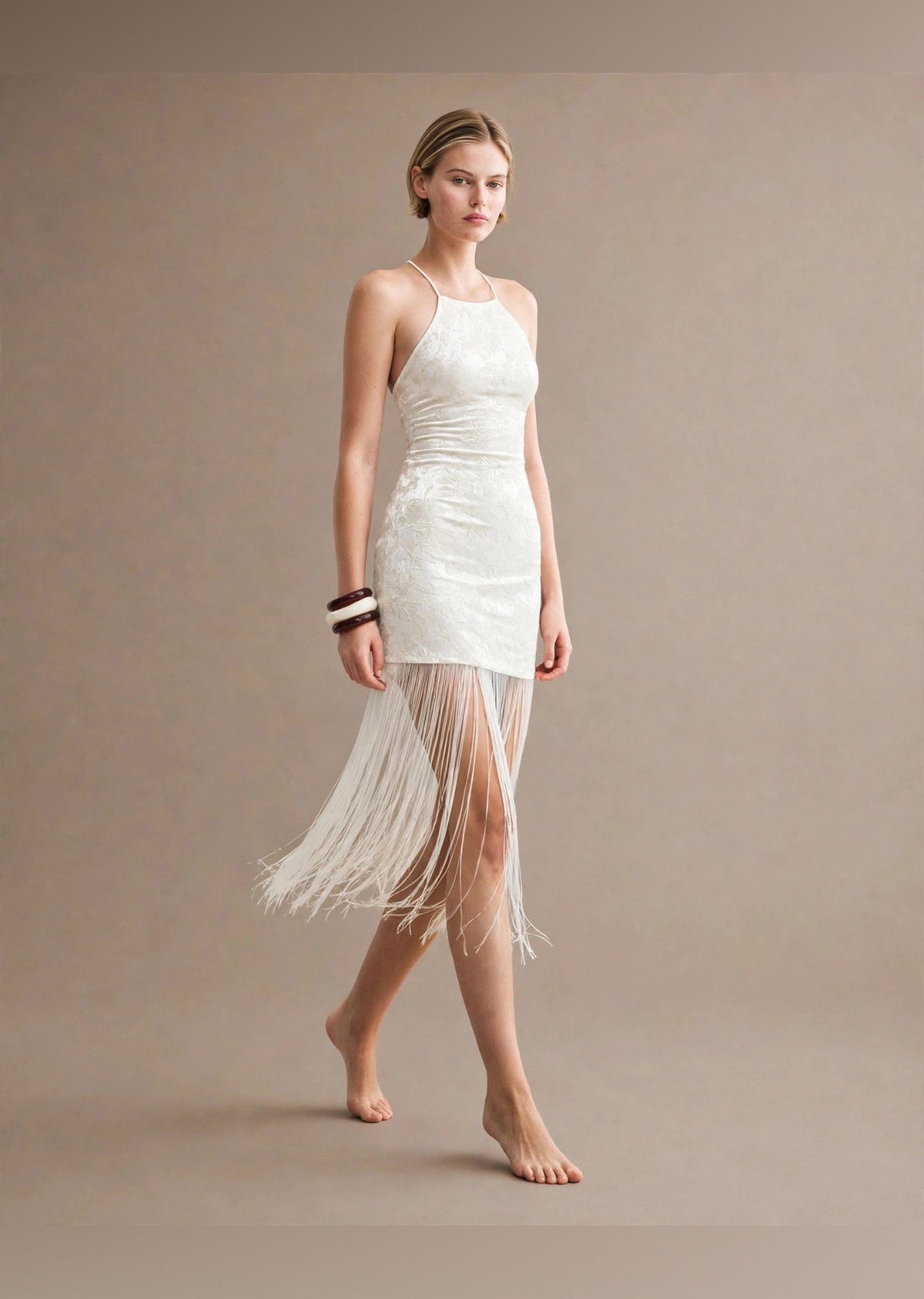 White Velvet Embossed Fringe Hem Halter Mini Dress