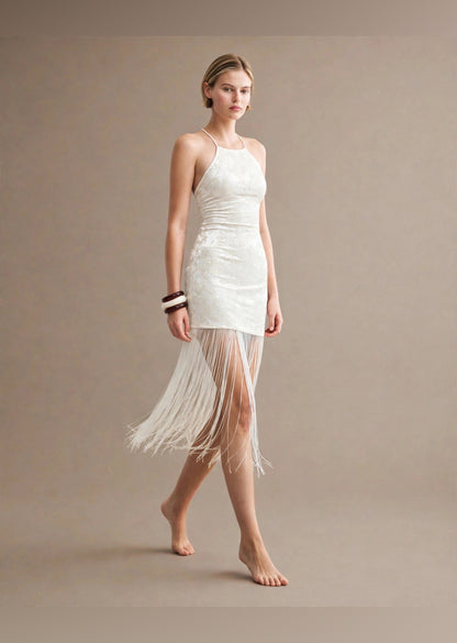 White Velvet Embossed Fringe Hem Halter Mini Dress