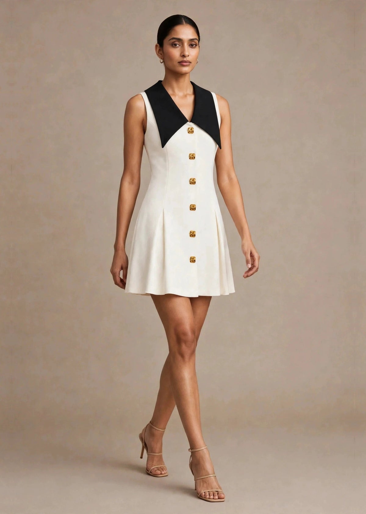 Ivory White & Black Contrast Collar Sleeveless A-Line Mini Dress