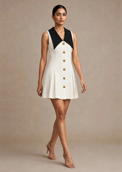 Ivory White & Black Contrast Collar Sleeveless A-Line Mini Dress