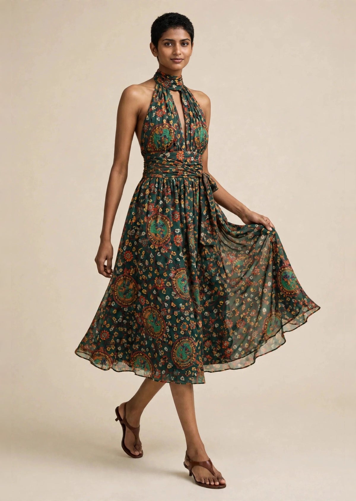 Green Floral Print Halter Neck Tie-Waist Midi Dress