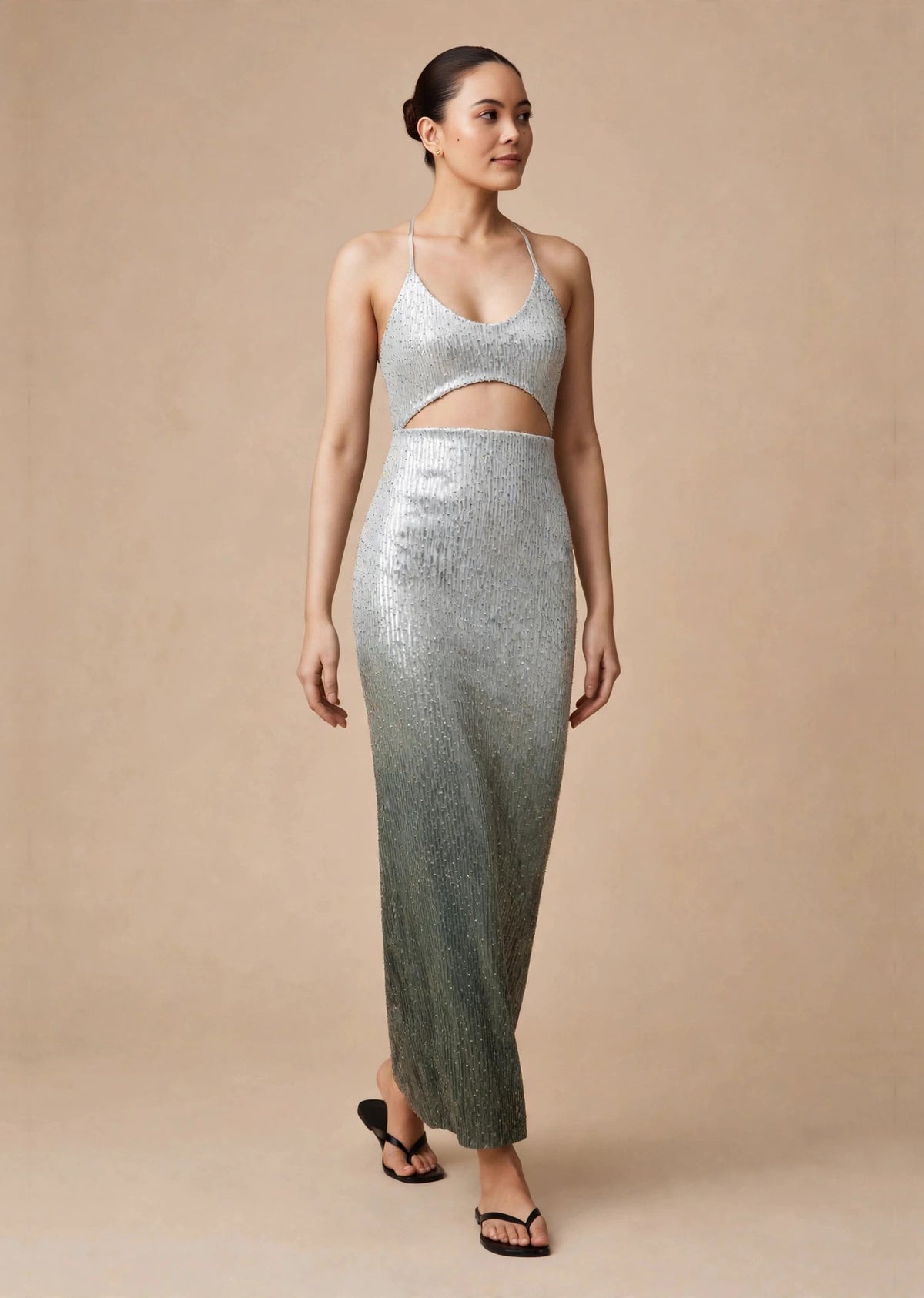 Silver Grey Ombré Sequin Halter Neck Cut-Out Maxi Dress