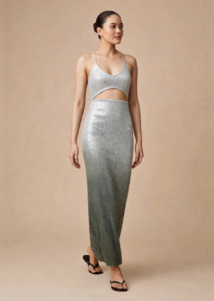 Silver Grey Ombré Sequin Halter Neck Cut-Out Maxi Dress