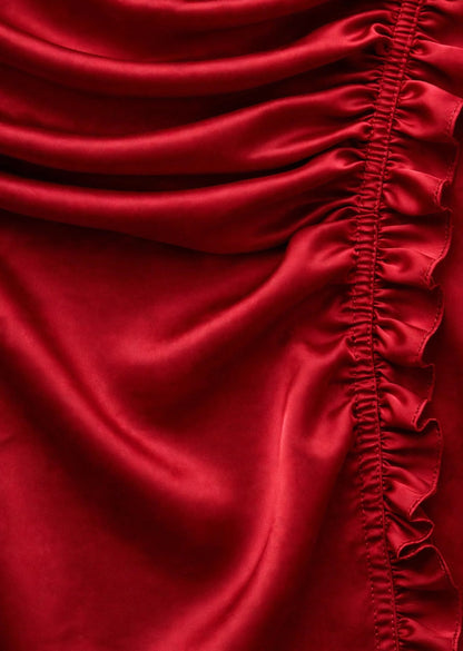 Cherry Red Satin Cowl Neck Ruffle A-Line Mini Dress