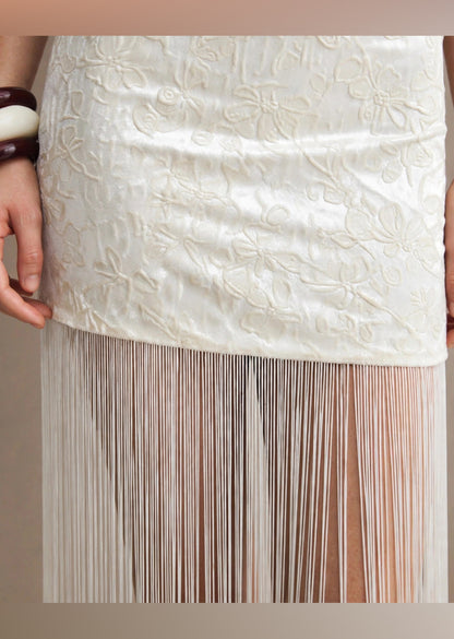 White Velvet Embossed Fringe Hem Halter Mini Dress