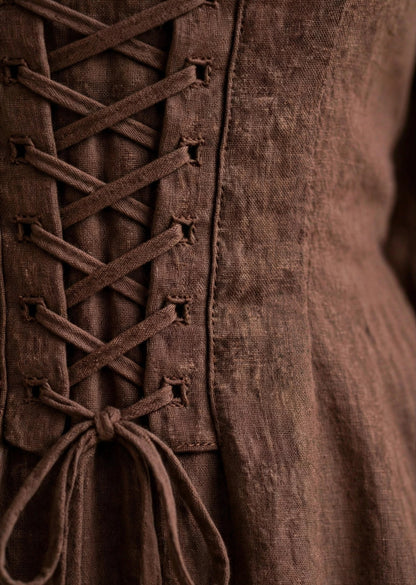 Chocolate Brown Mandarin Collar Lace-Up Corset A-Line Mini Dress