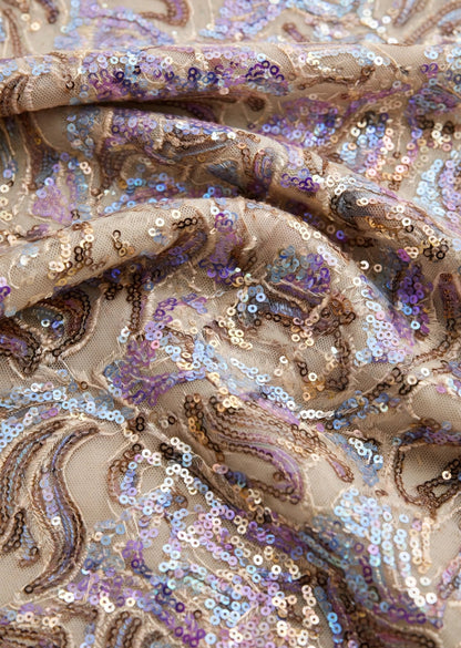 Champagne Beige Iridescent Sequin Cowl Neck Mini Dress