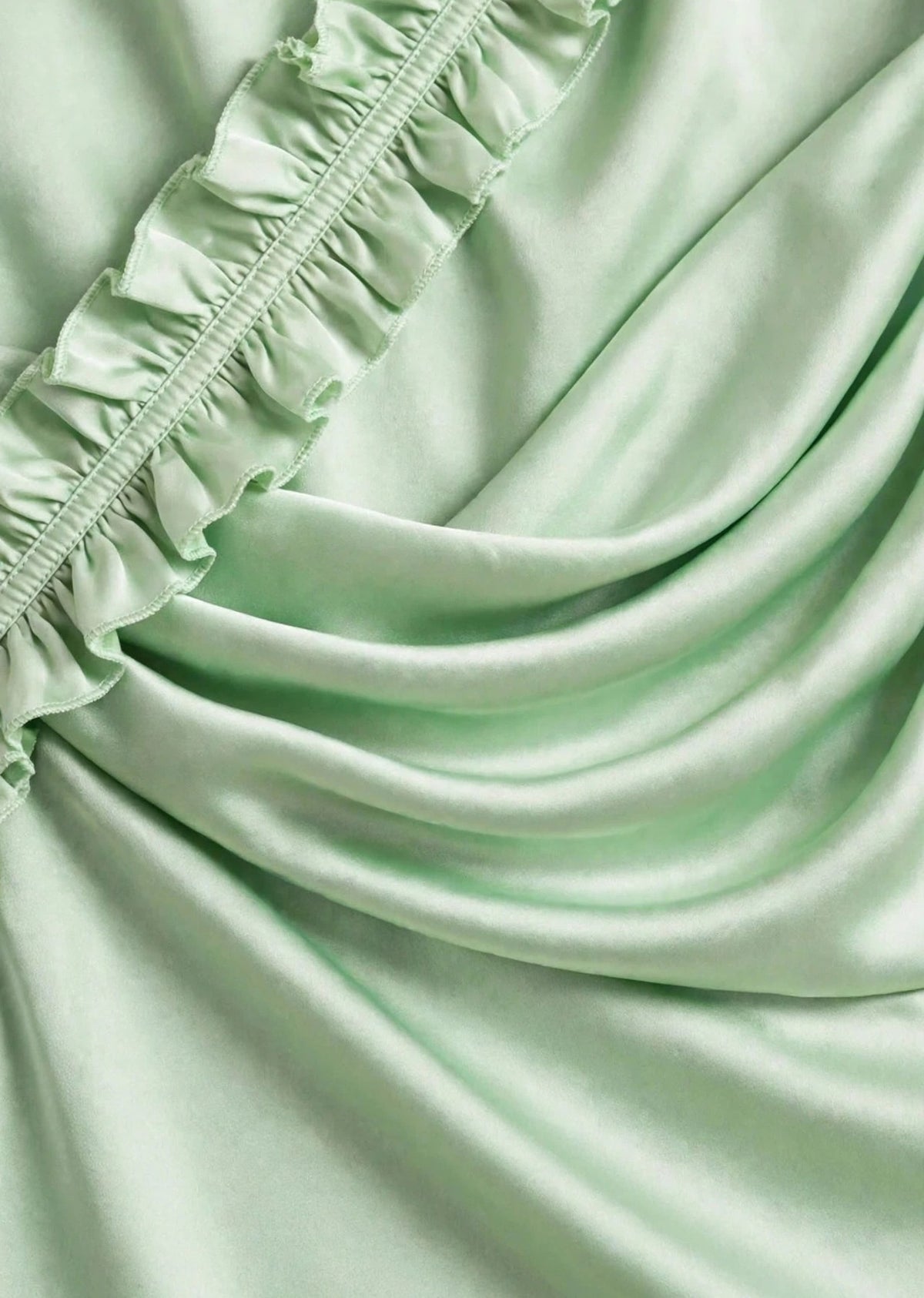 Pastel Mint Green Satin Cowl Neck Ruffle A-Line Mini Dress