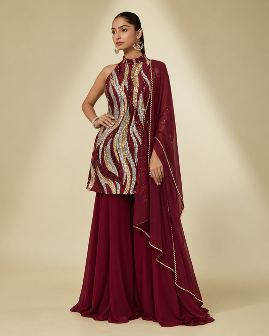 Wine Shimmer Palazzo Set