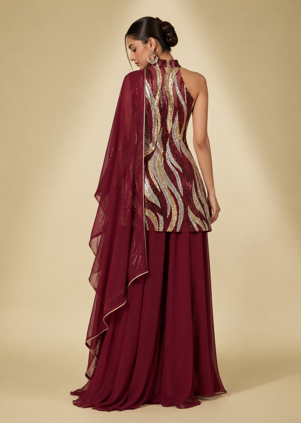 Wine Shimmer Palazzo Set