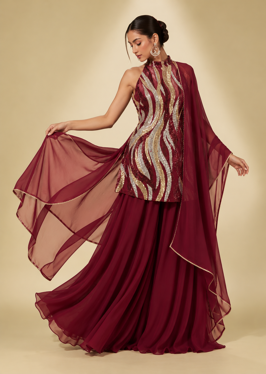 Wine Shimmer Palazzo Set