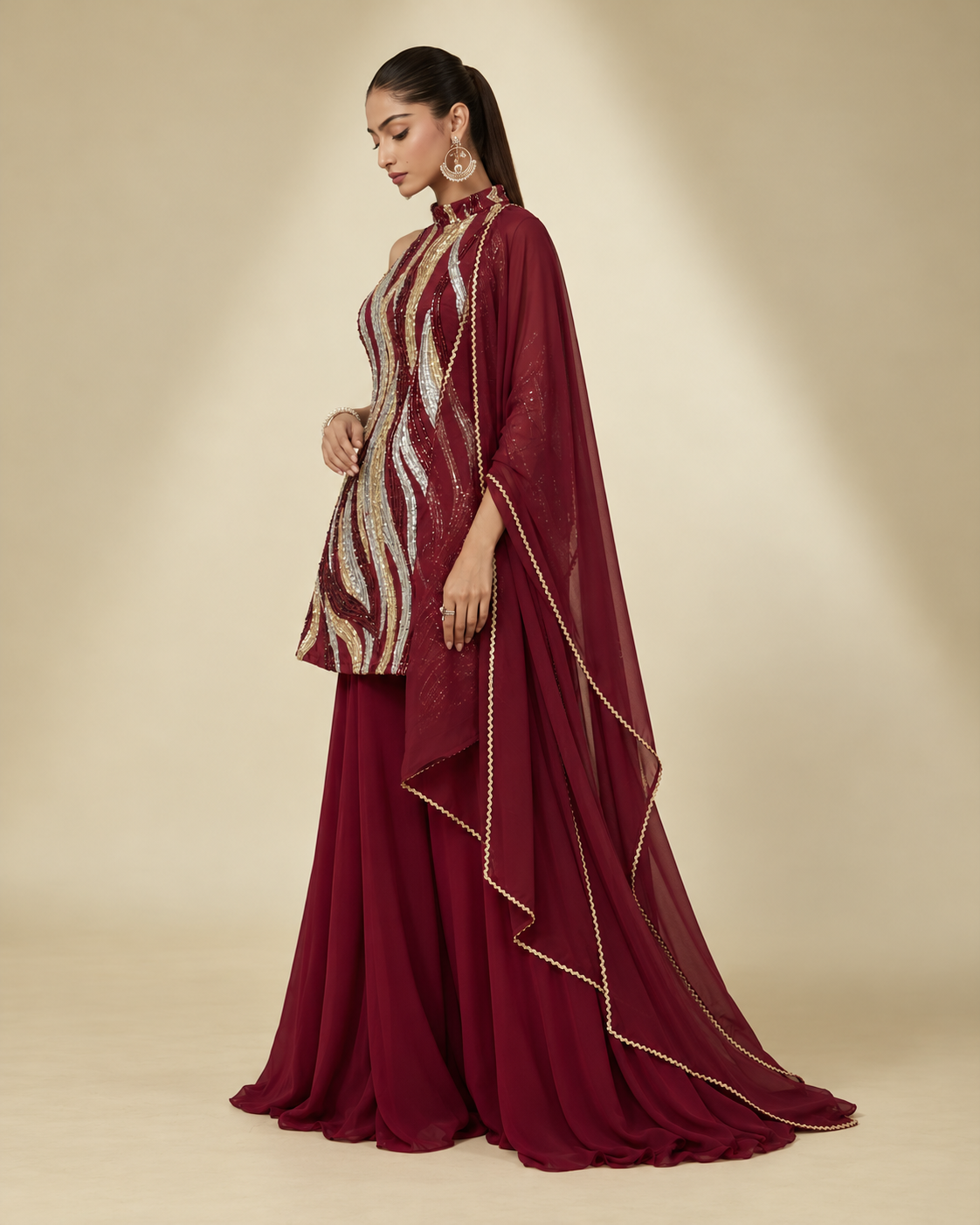 Wine Shimmer Palazzo Set