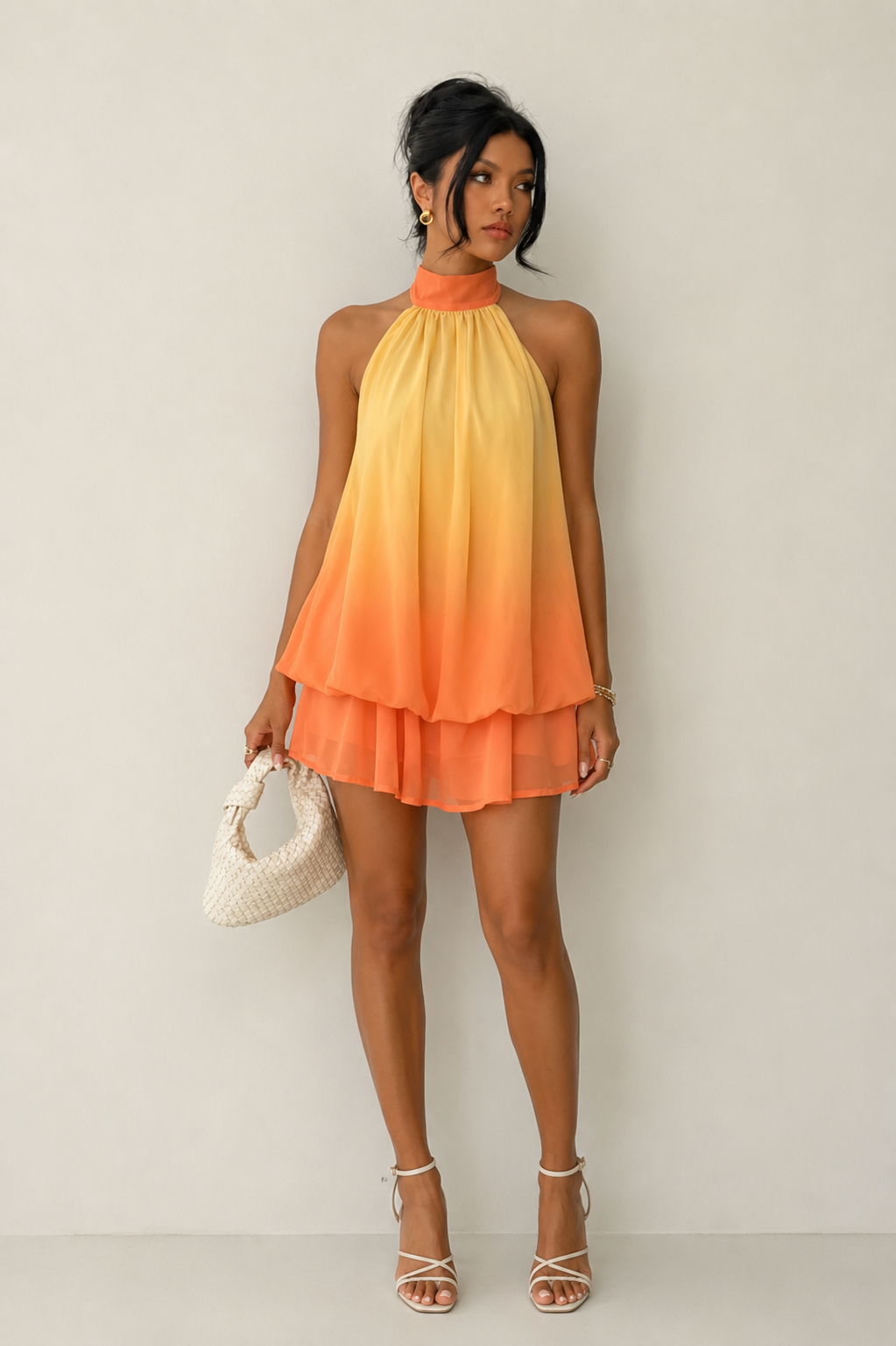 Butter yellow and sunset orange ombre georgette halter neck mini dress - front view