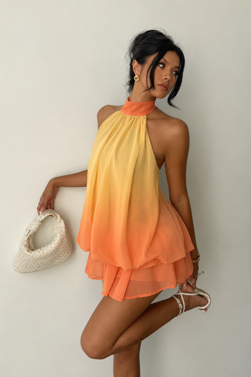 Butter Yellow & Sunset Orange Ombré Georgette Halter Neck Mini Dress