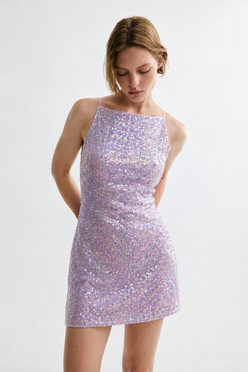 Lavender iridescent sequin mini dress - close detail