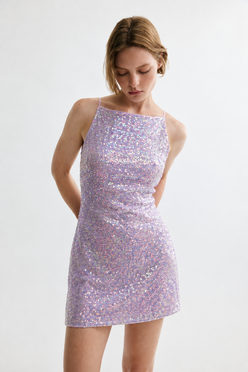 Lavender Sequin Square Neck Spaghetti Strap Mini Dress