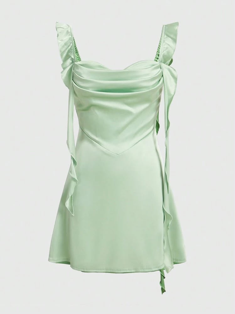 Mint green satin mini dress with ruffle shoulder detail - product view