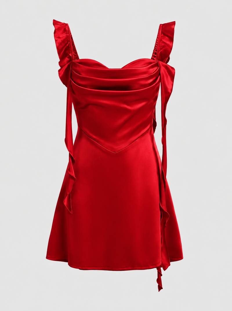 Cherry Red Satin Cowl Neck Ruffle A-Line Mini Dress