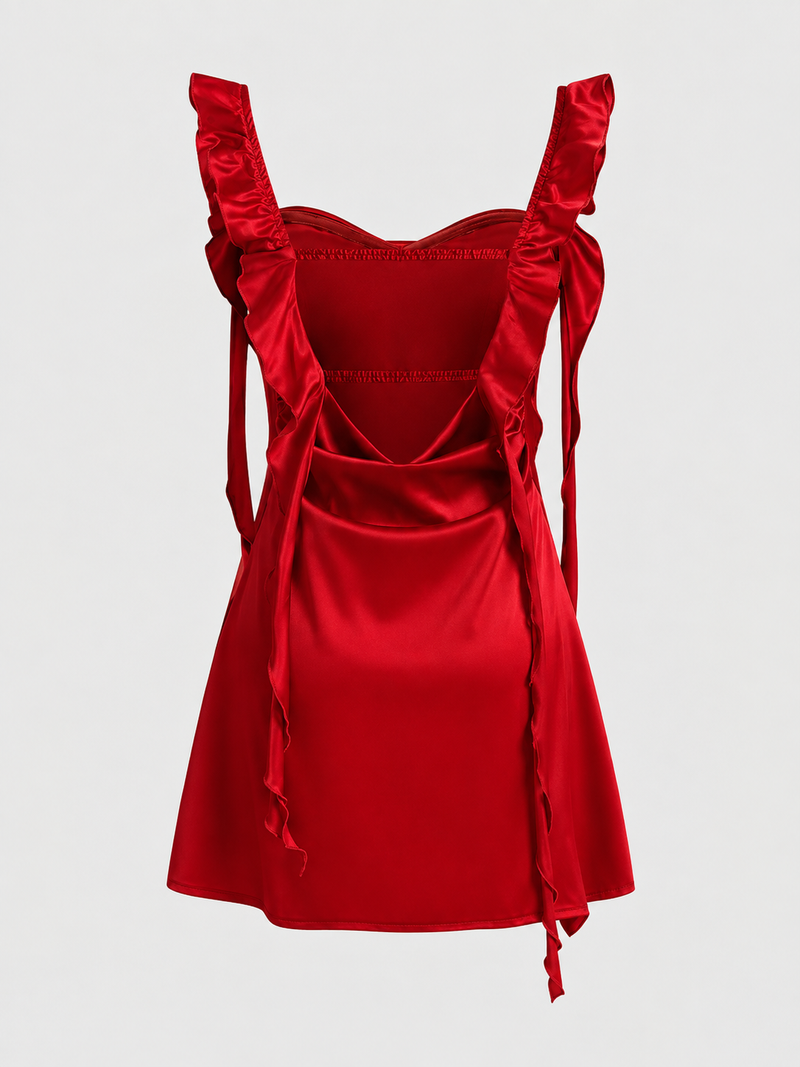 Cherry Red Satin Cowl Neck Ruffle A-Line Mini Dress
