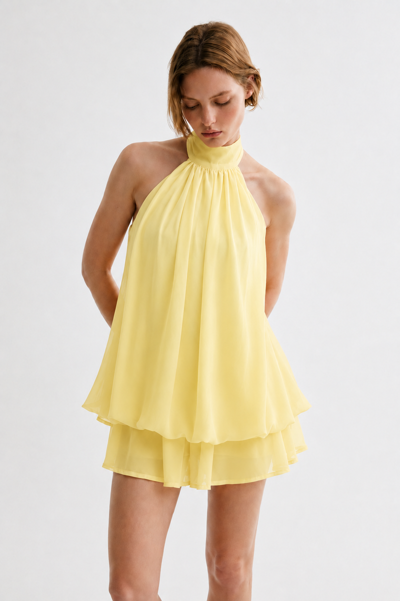 Butter Yellow Georgette Halter Neck Layered Mini Dress