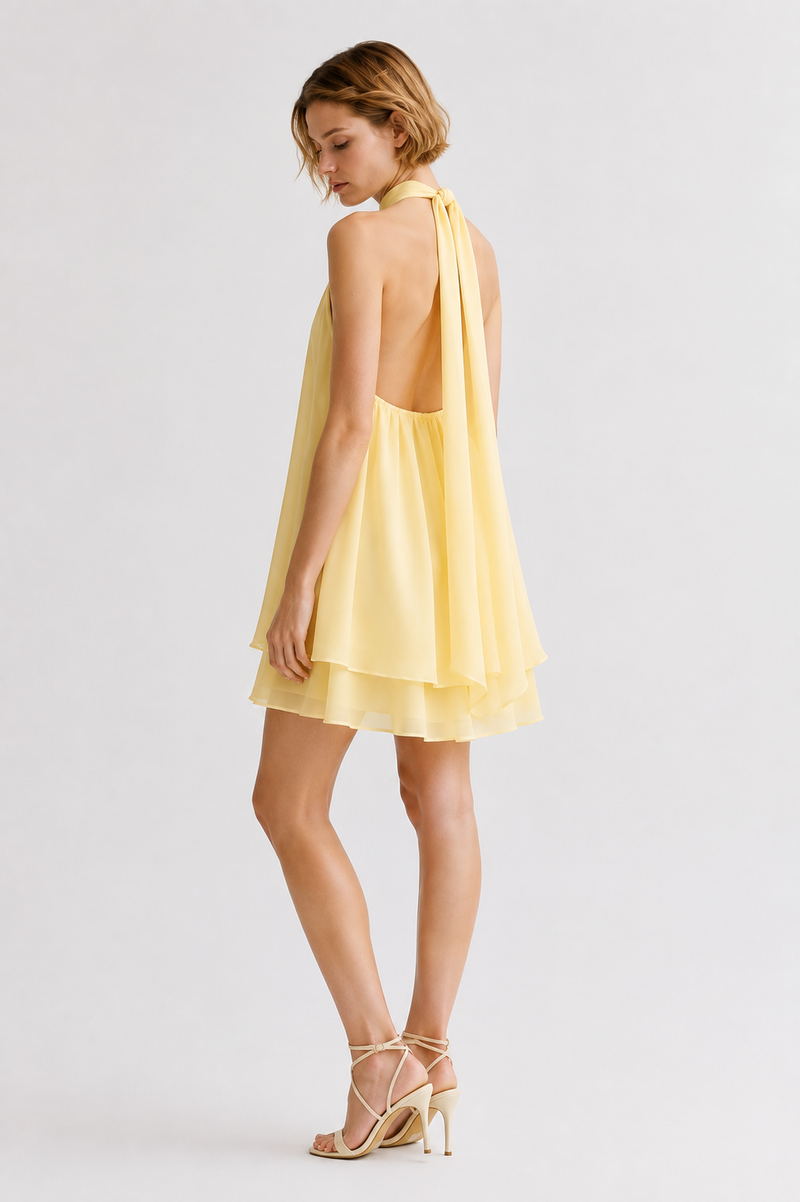 Butter Yellow Georgette Halter Neck Layered Mini Dress