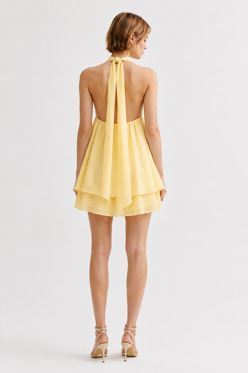 Butter Yellow Georgette Halter Neck Layered Mini Dress