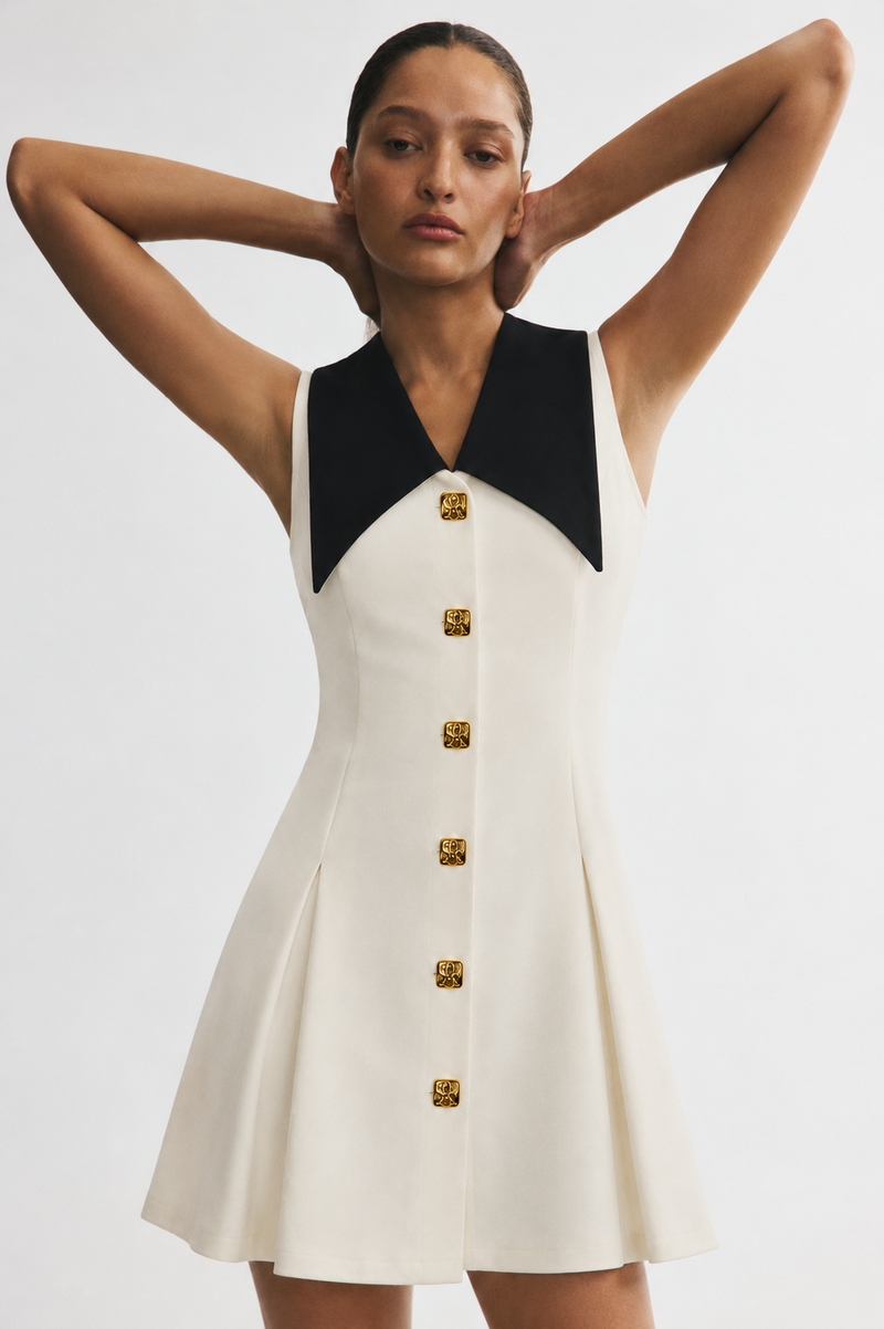 Ivory White & Black Contrast Collar Sleeveless A-Line Mini Dress