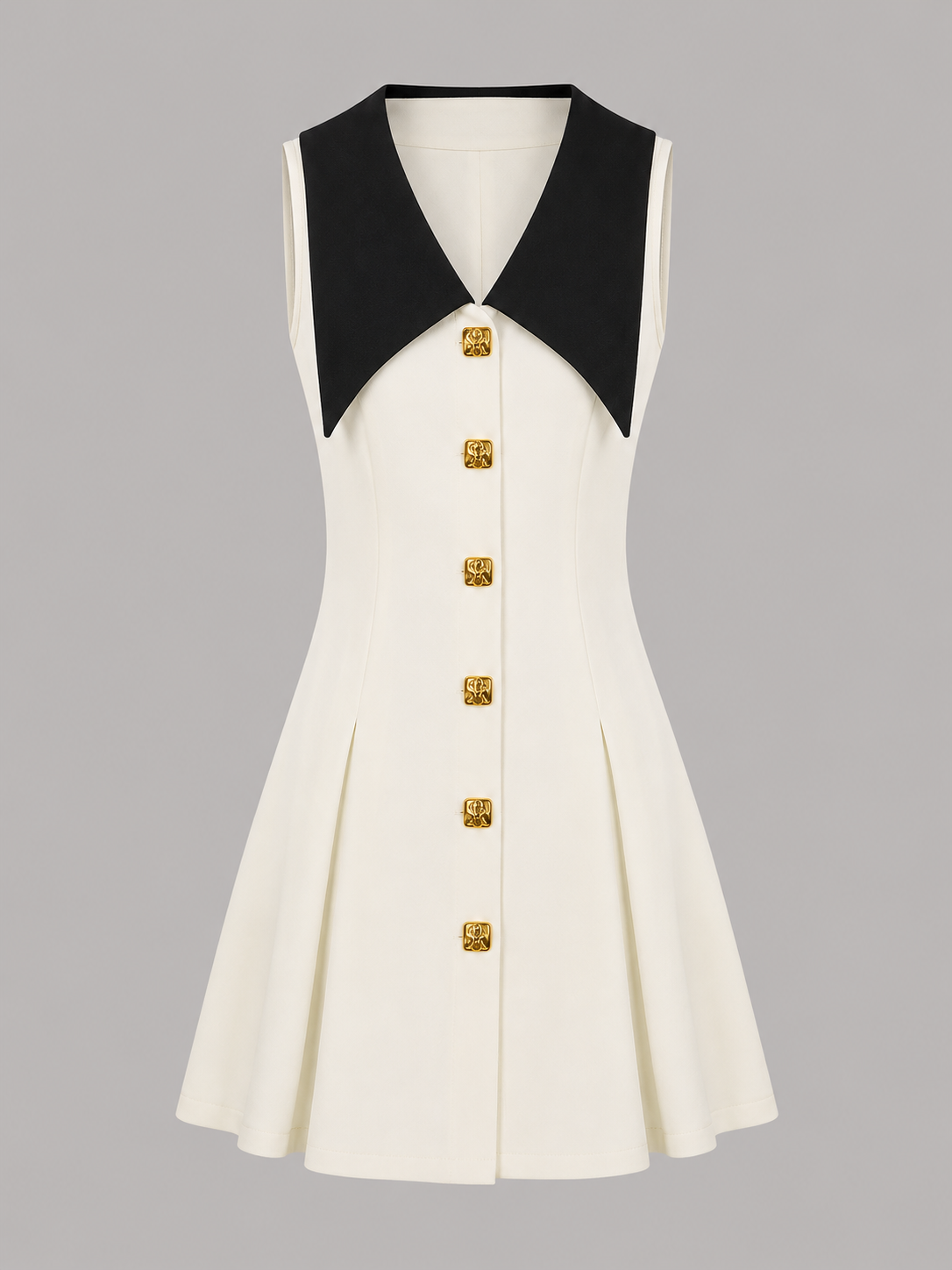 Ivory A-line mini dress with oversized black collar and gold buttons - product view
