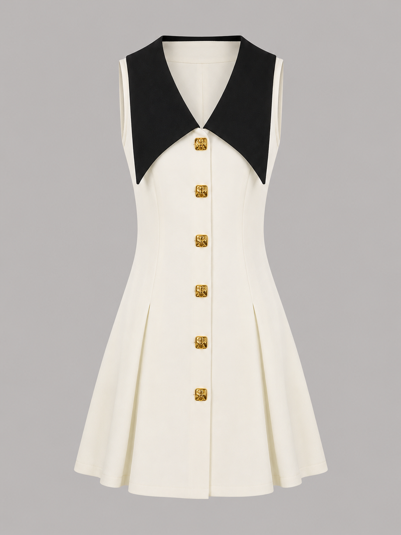 Ivory White & Black Contrast Collar Sleeveless A-Line Mini Dress