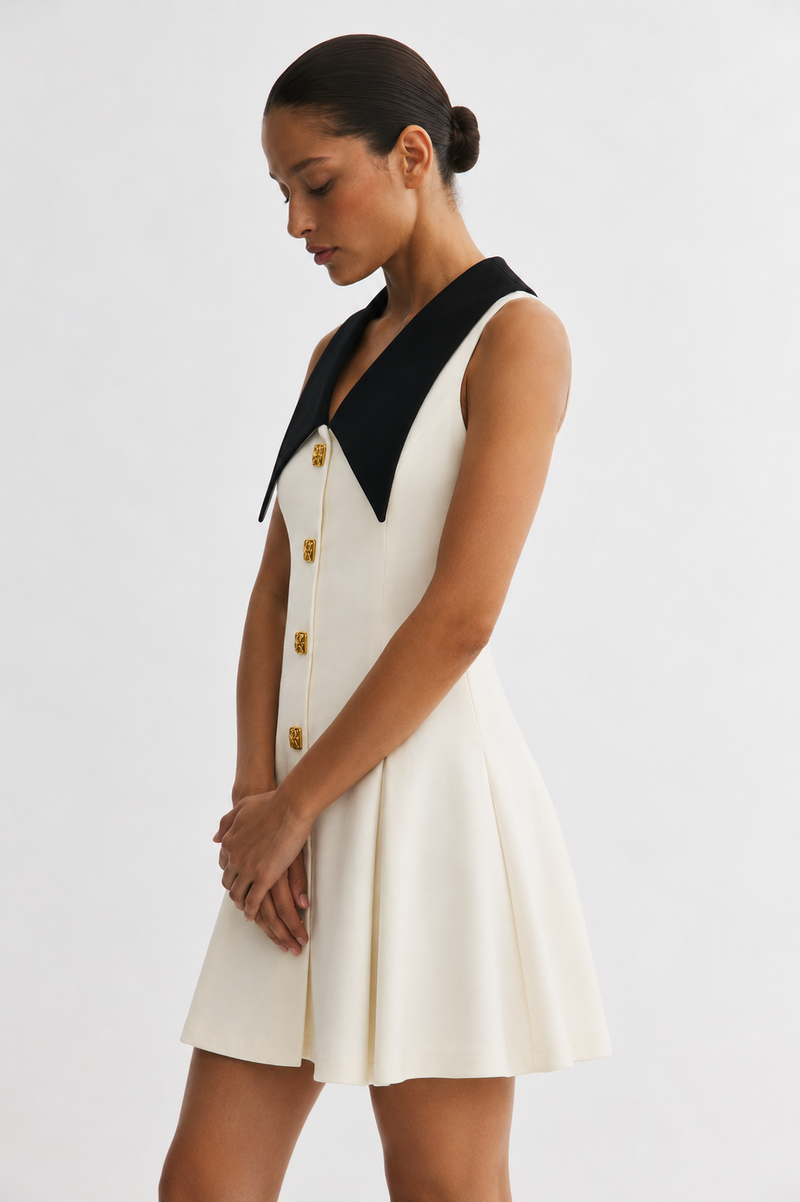 Ivory White & Black Contrast Collar Sleeveless A-Line Mini Dress