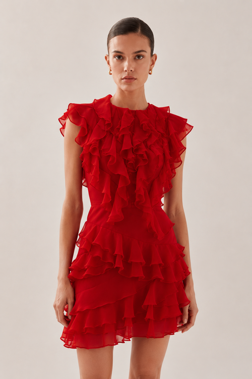 Scarlet Red Georgette Cascading Ruffle Tiered Mini Dress