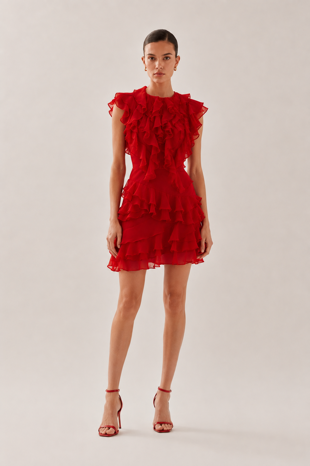 Red ruffle tiered mini dress - full front view