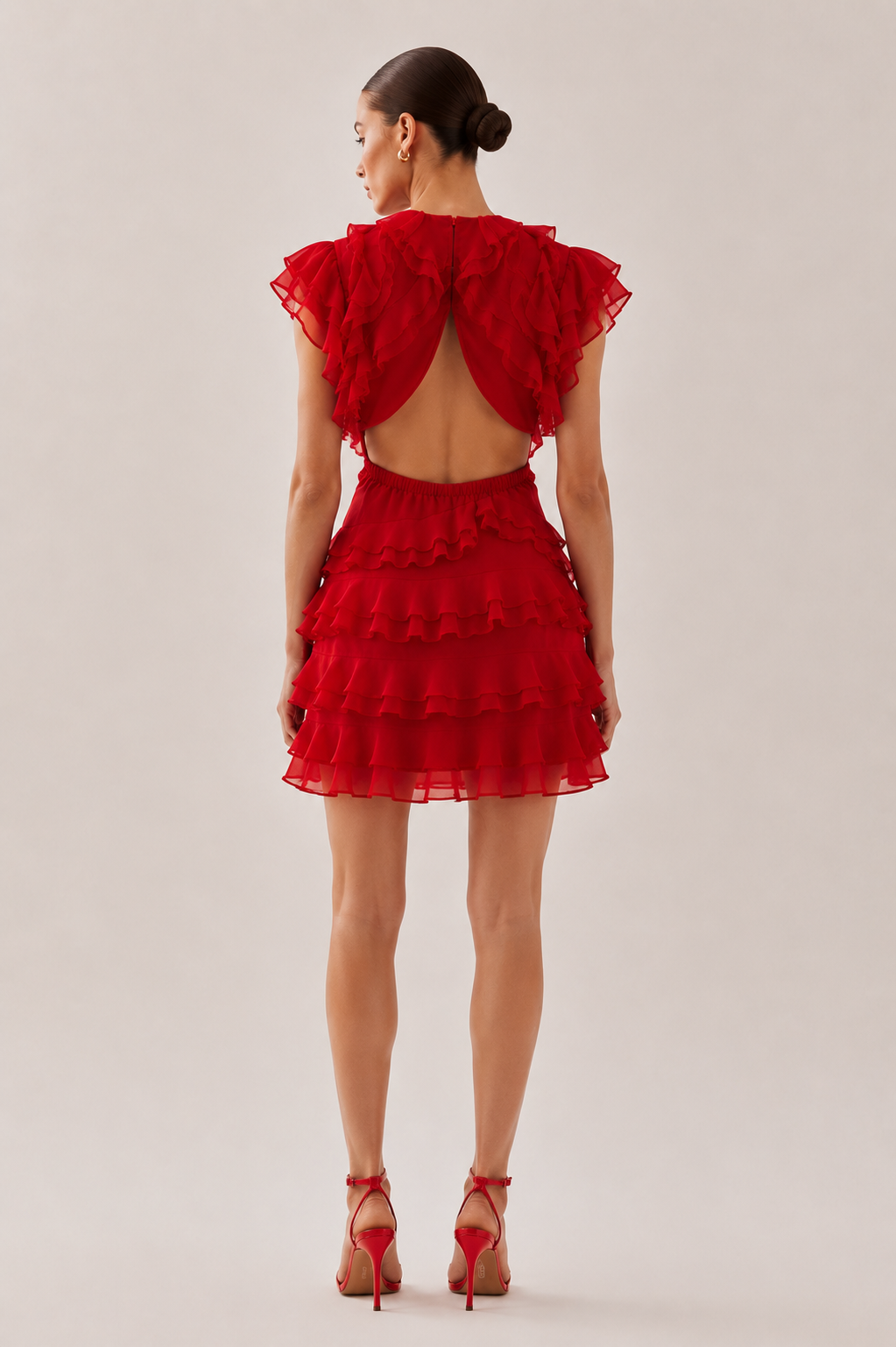 Red tiered ruffle mini dress - back detail view