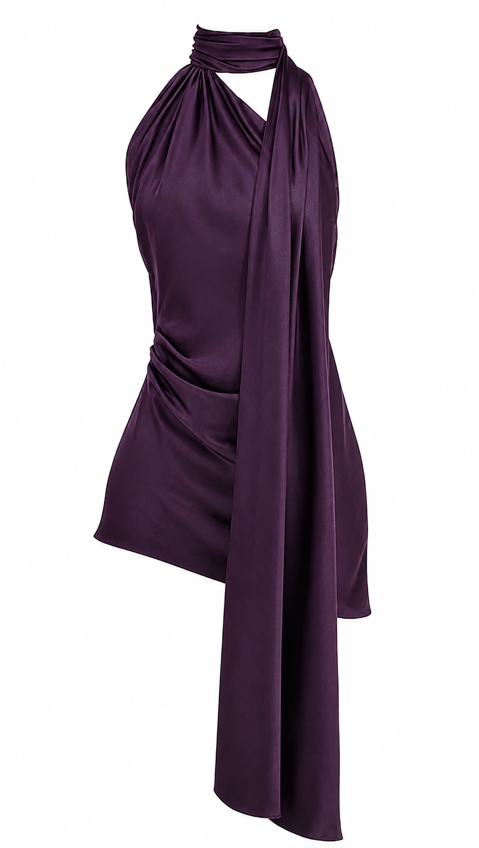 Purple satin halter mini dress with draped scarf detail - product view